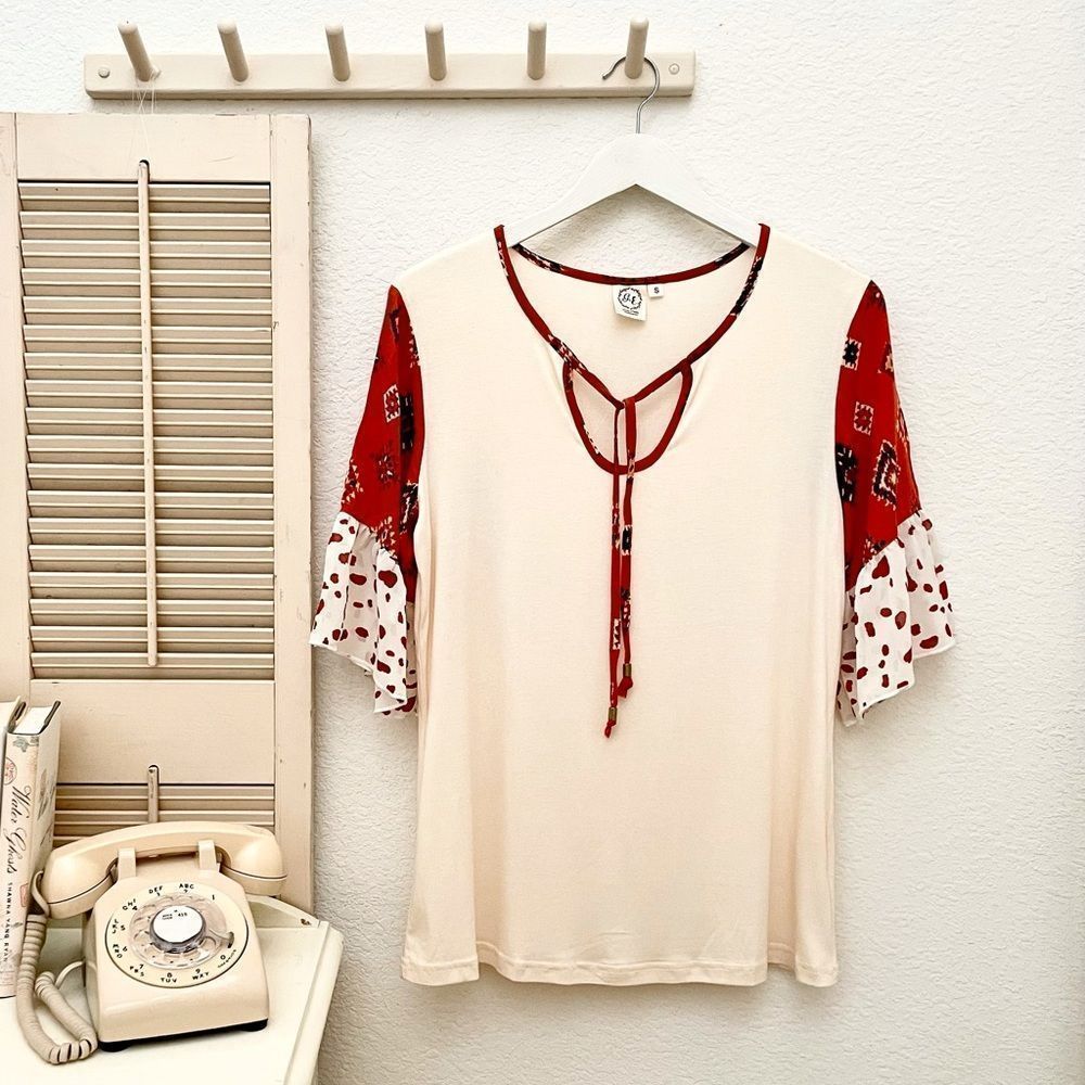 Grace & Emma Tribal Print Trim Pullover Top with Ruffle Bell 3/4 Sleeves…